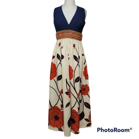 Vintage 60s 70s Union Made Maxi Dress Navy Orange Floral Skirt Beaded Waist - Picture 2 of 12